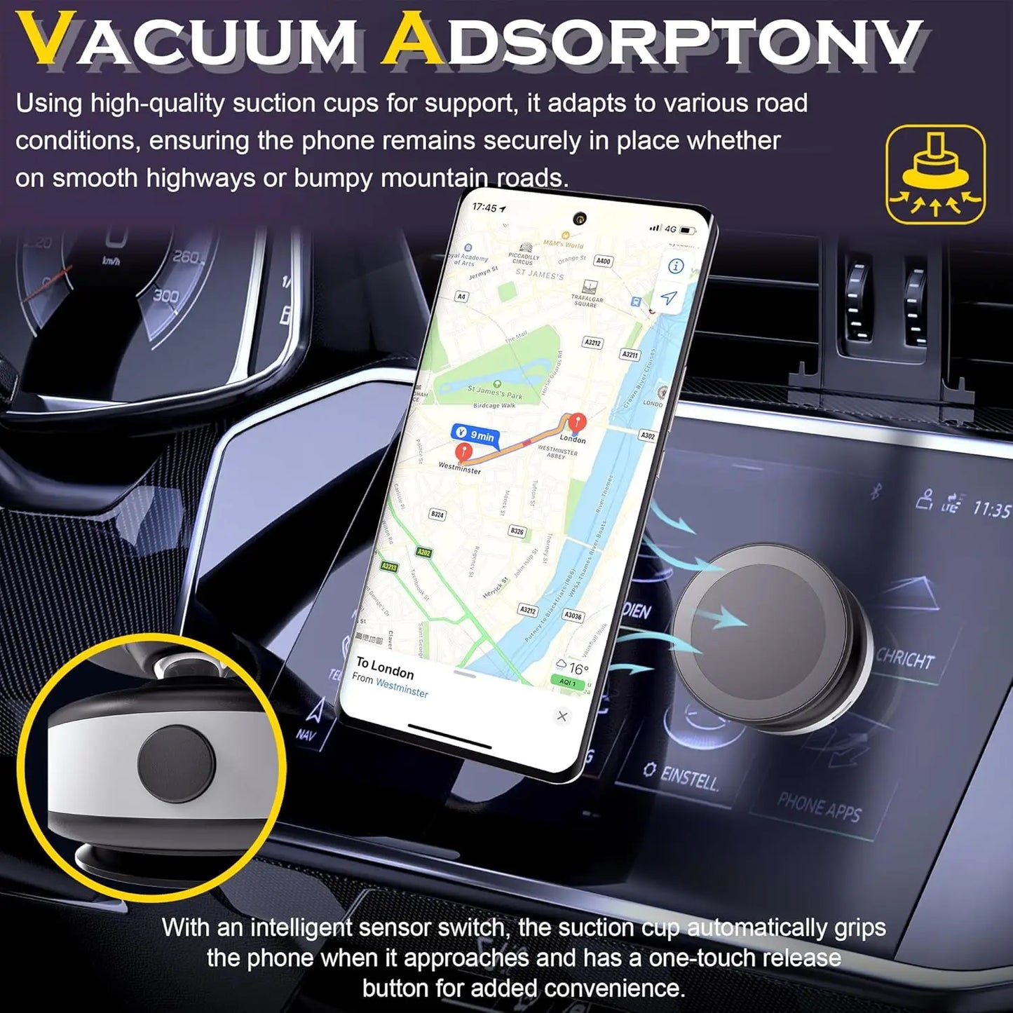 Vacuum Magnetic Car Mount for Cell Phone 360° Rotation Strong Suction Cup for iPhones Hands-Free Holder