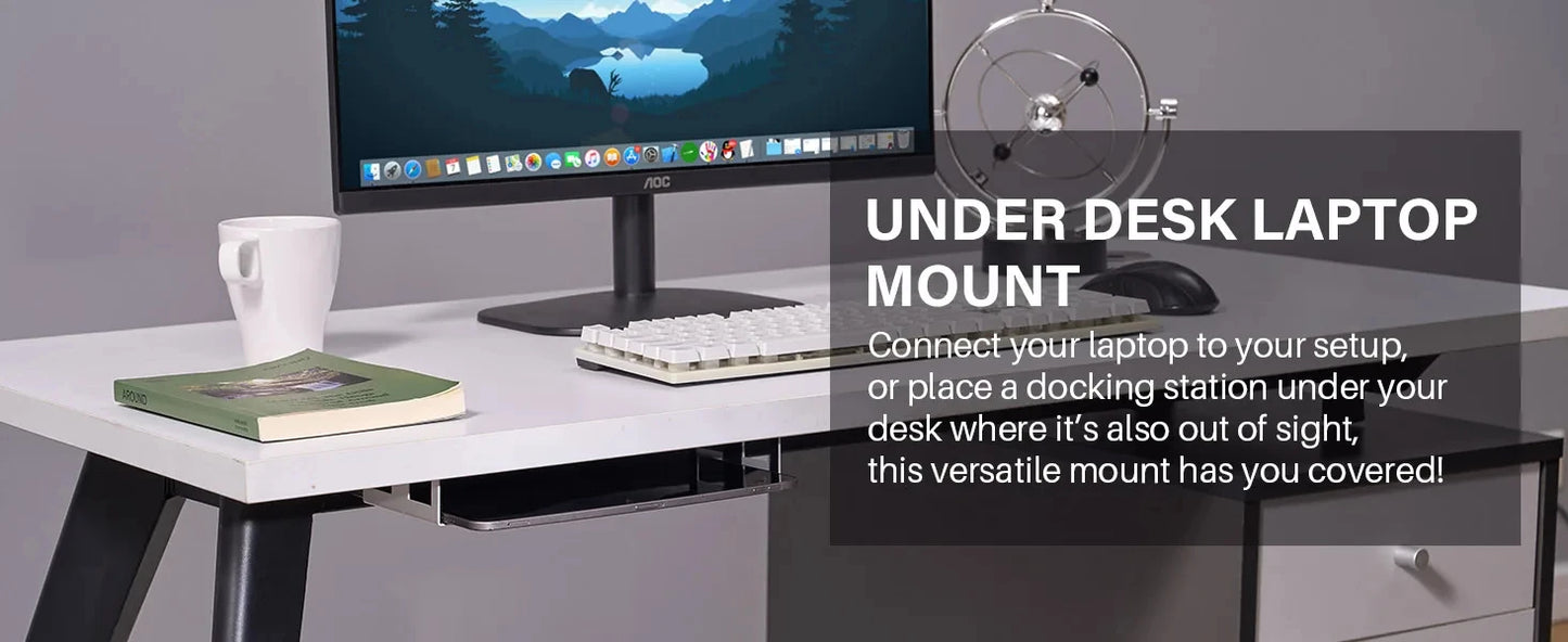 Under Desk Laptop Mount Metal Under Desk Shelf Holder for Laptop for Mac Mini Macbook Keyboard with Anti-Scratch Silicone Rack