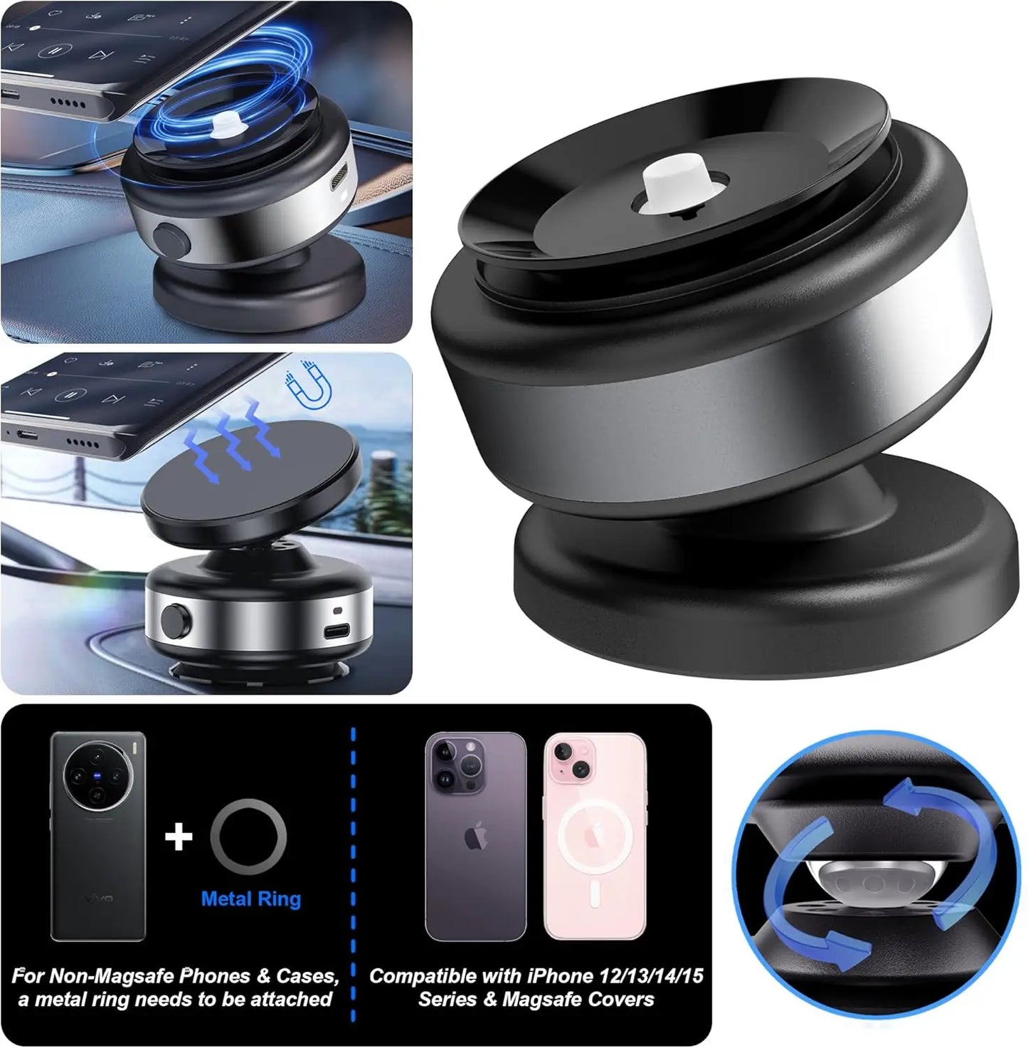 Vacuum Magnetic Car Mount for Cell Phone 360° Rotation Strong Suction Cup for iPhones Hands-Free Holder