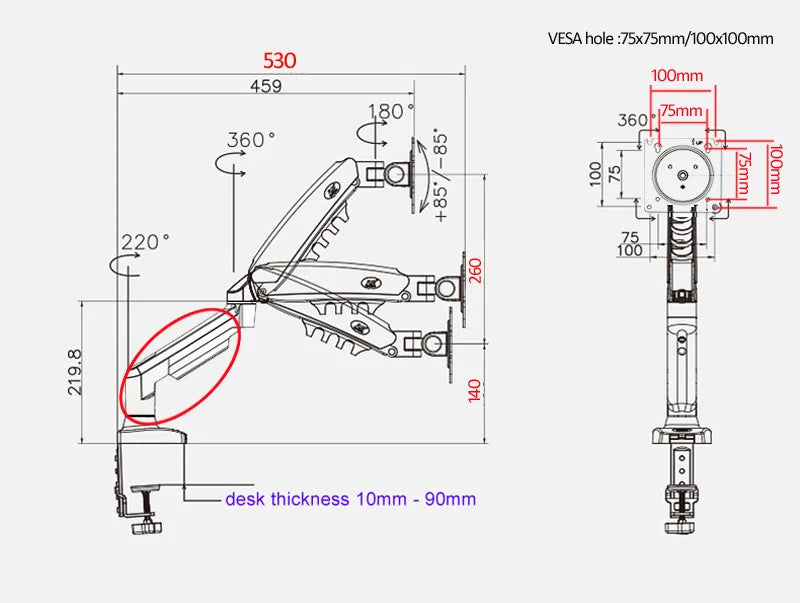 Arm stand laptop clamp 10-90mm  grommet hole Adjustable ergonomic with gas spring arm   360 rotate